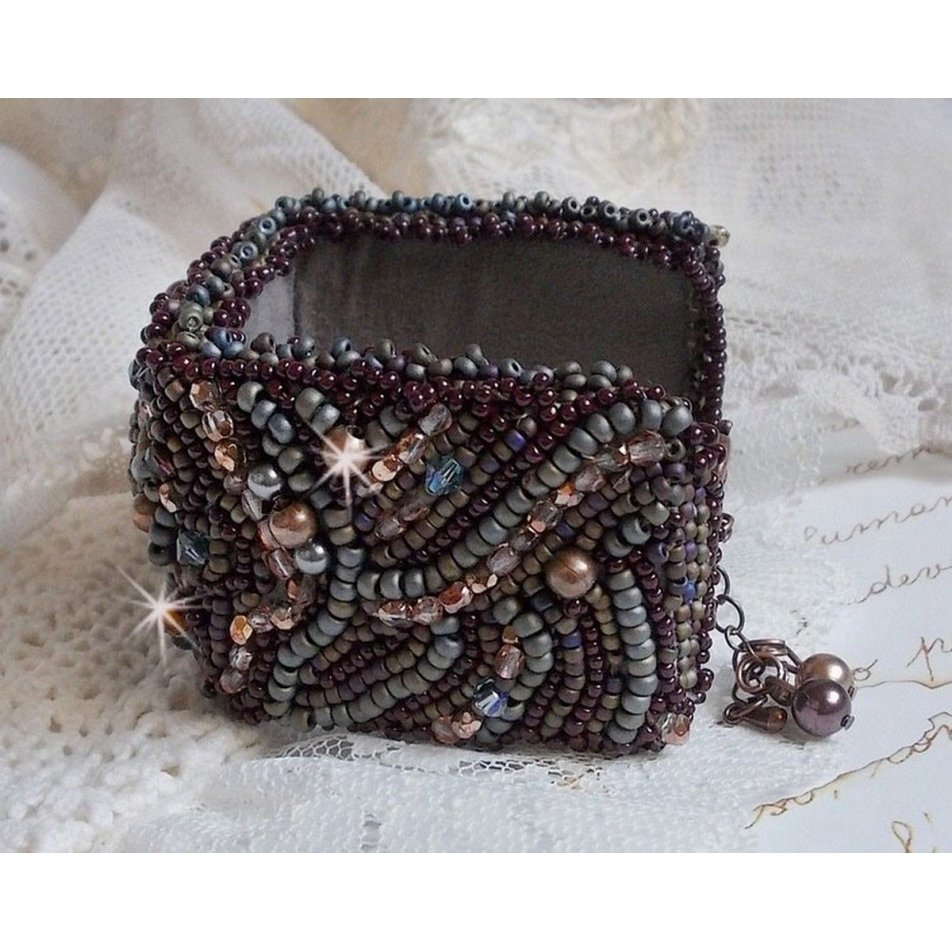 Long Brown Picasso bracelet embroidered with a gemstone (Picasso Jasper), Swarovski crystals, Miyuki seed beads and bohemian glass facets