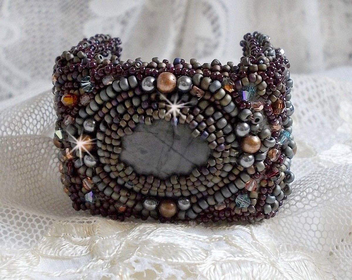 Long Brown Picasso bracelet embroidered with a gemstone (Picasso Jasper), Swarovski crystals, Miyuki seed beads and bohemian glass facets