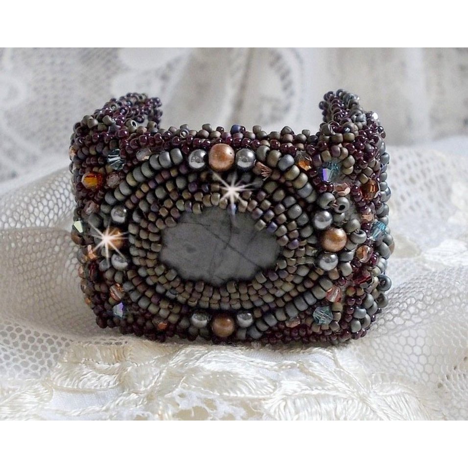 Long Brown Picasso bracelet embroidered with a gemstone (Picasso Jasper), Swarovski crystals, Miyuki seed beads and bohemian glass facets