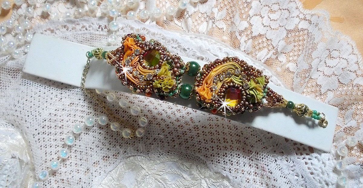 Venetian moon bracelet embroidered with silk ribbon, faceted cabochons, Swarovski crystals and magic beads