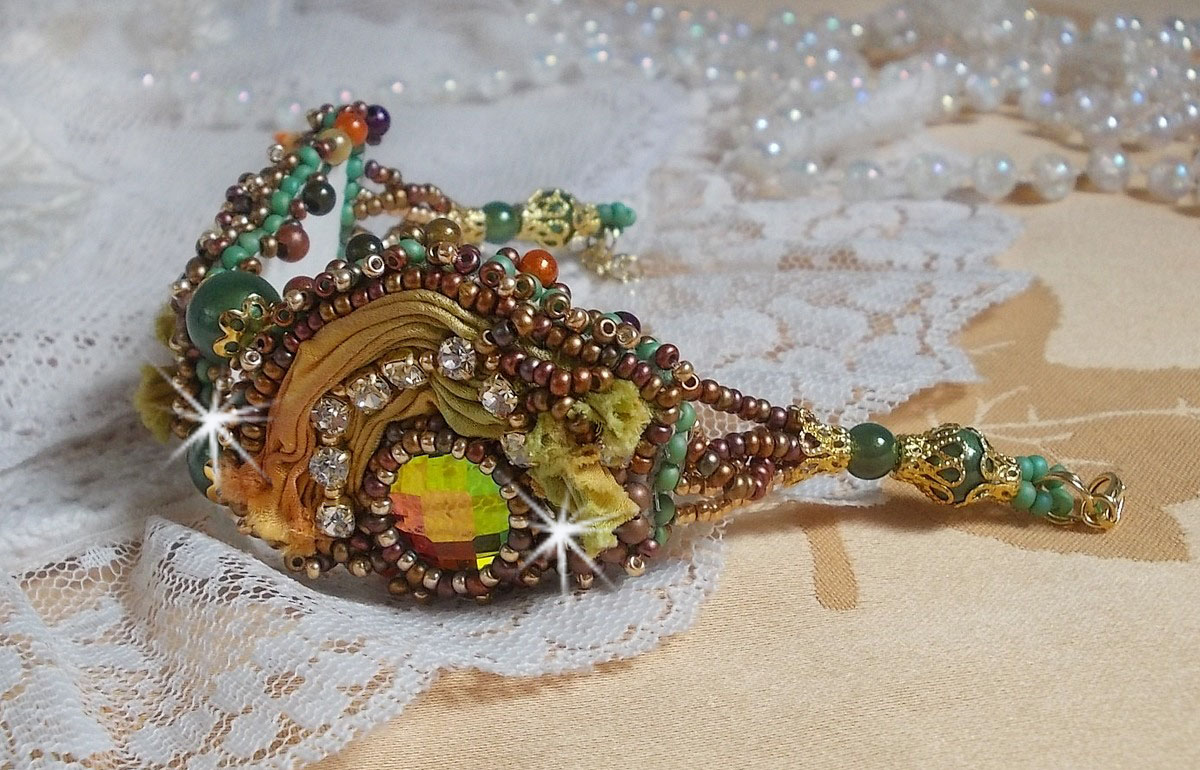 Venetian moon bracelet embroidered with silk ribbon, faceted cabochons, Swarovski crystals and magic beads