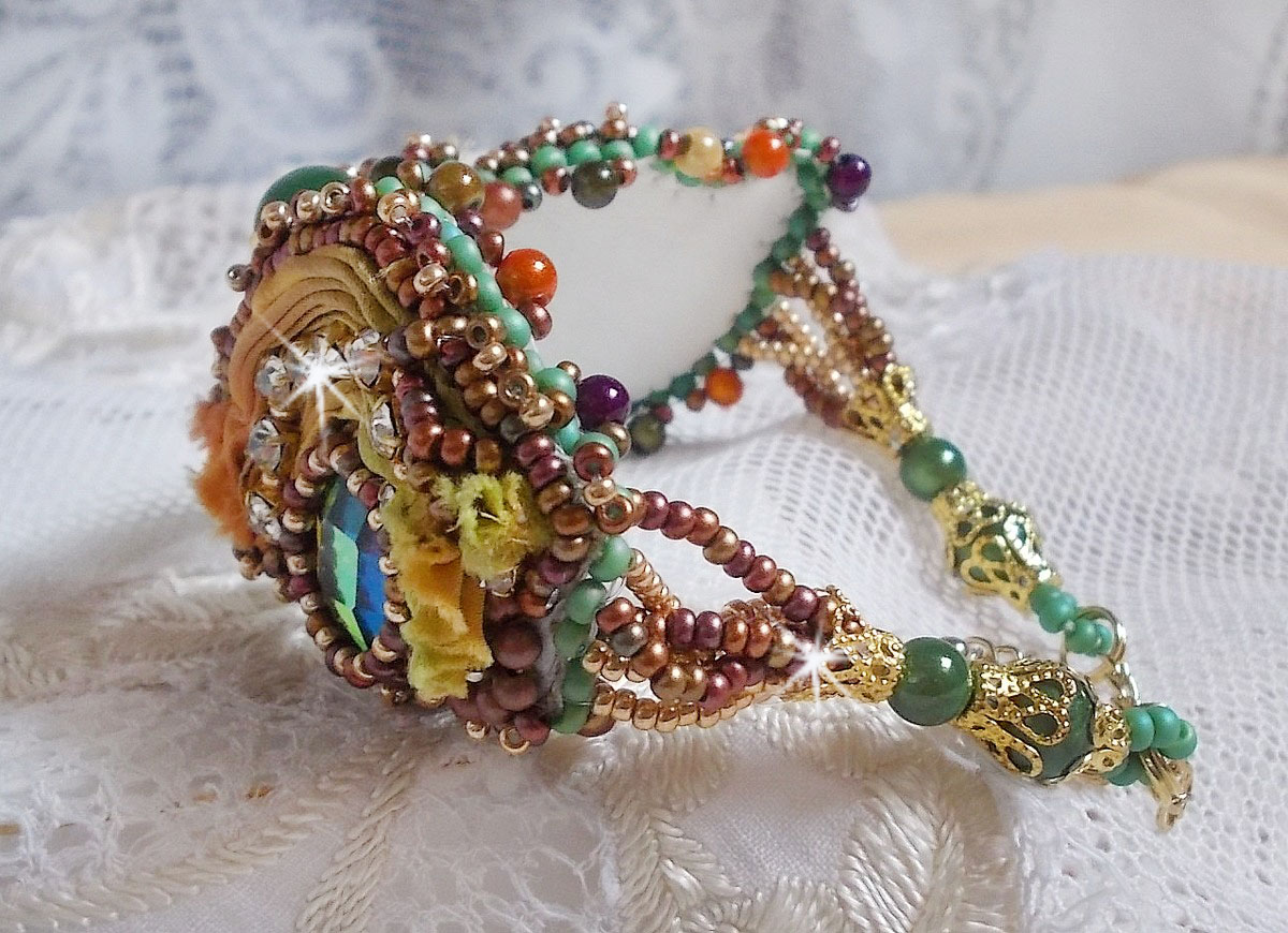 Venetian moon bracelet embroidered with silk ribbon, faceted cabochons, Swarovski crystals and magic beads