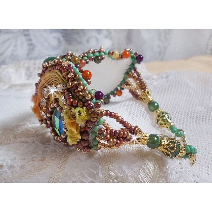 Venetian moon bracelet embroidered with silk ribbon, faceted cabochons, Swarovski crystals and magic beads