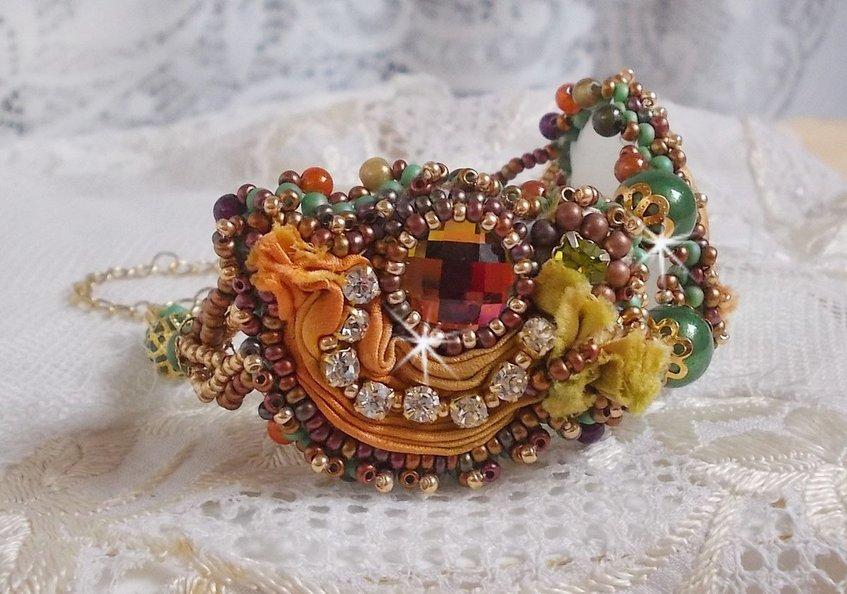 Venetian moon bracelet embroidered with silk ribbon, faceted cabochons, Swarovski crystals and magic beads