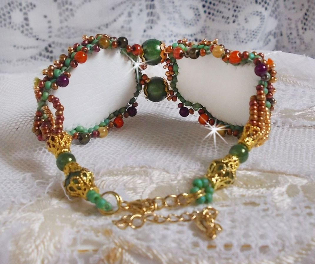 Venetian moon bracelet embroidered with silk ribbon, faceted cabochons, Swarovski crystals and magic beads