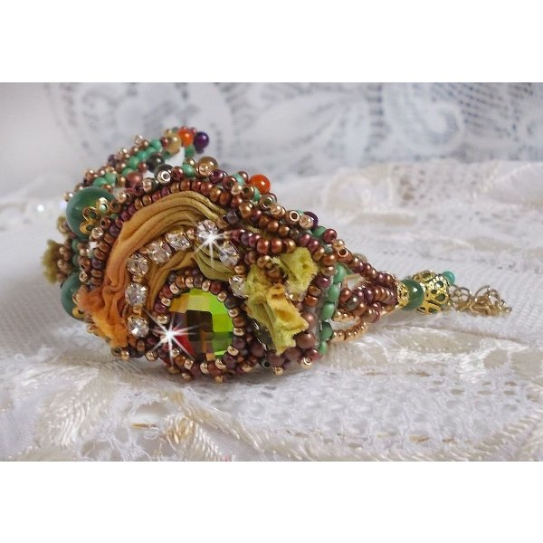Venetian moon bracelet embroidered with silk ribbon, faceted cabochons, Swarovski crystals and magic beads