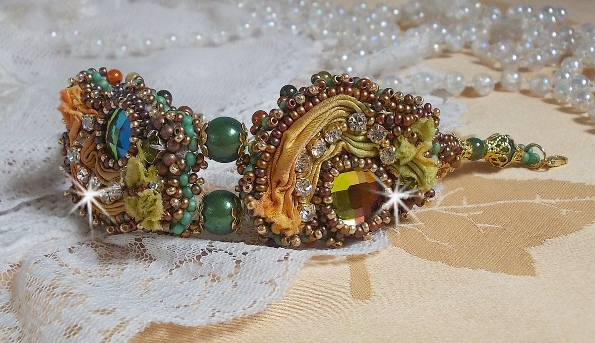 Venetian moon bracelet embroidered with silk ribbon, faceted cabochons, Swarovski crystals and magic beads