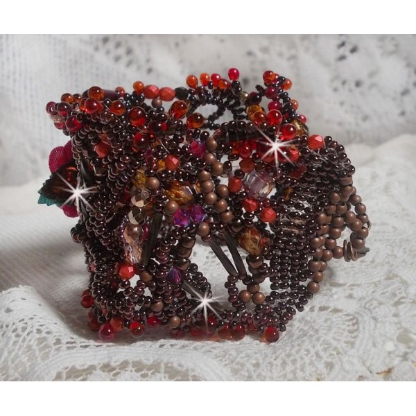 Belle H&eacute;l&egrave;ne cuff bracelet all in seed beads, fabric flower, gemstone beads (yellow/white calcite) and seed beads