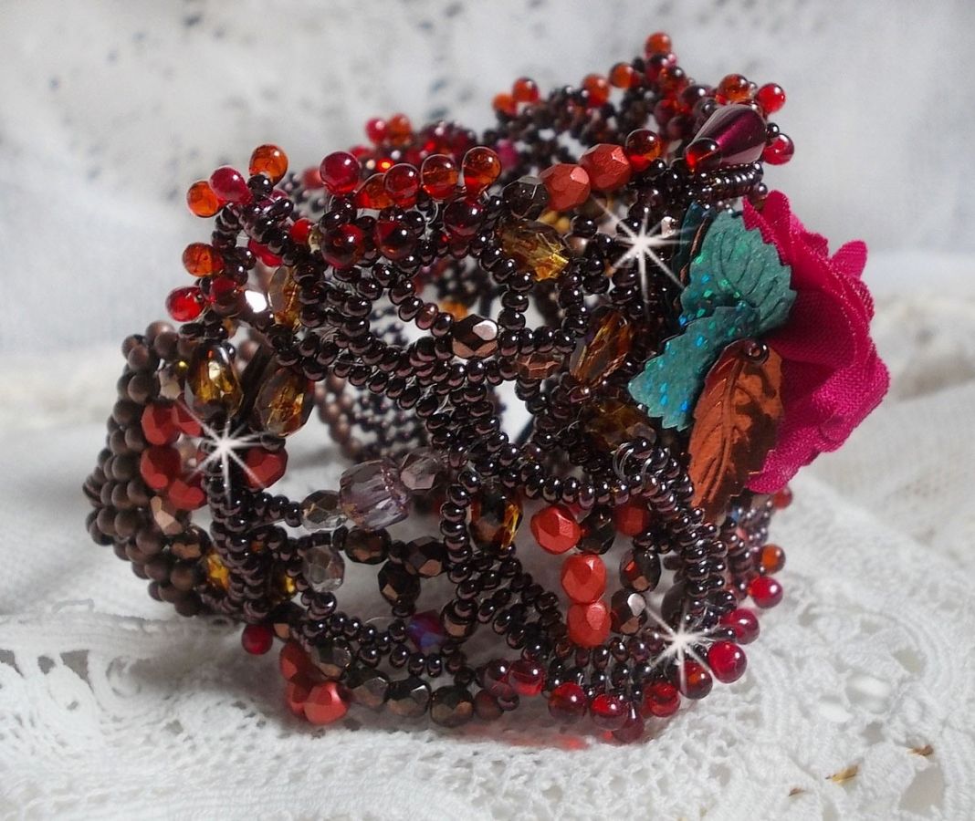 Belle Hélène cuff bracelet all in seed beads, fabric flower, gemstone beads (yellow/white calcite) and seed beads