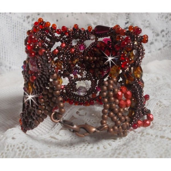 Belle H&eacute;l&egrave;ne cuff bracelet all in seed beads, fabric flower, gemstone beads (yellow/white calcite) and seed beads