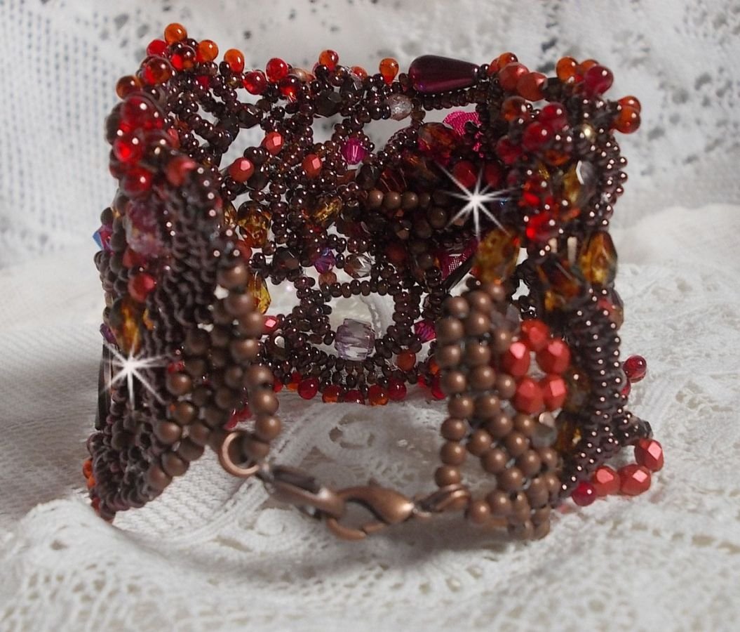 Belle Hélène cuff bracelet all in seed beads, fabric flower, gemstone beads (yellow/white calcite) and seed beads