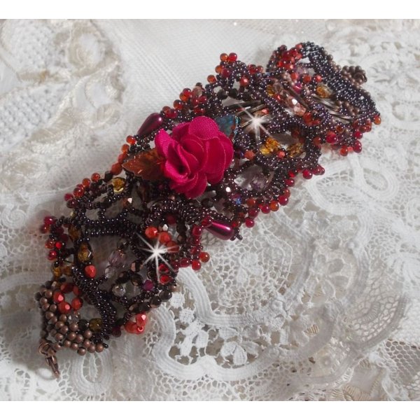 Belle H&eacute;l&egrave;ne cuff bracelet all in seed beads, fabric flower, gemstone beads (yellow/white calcite) and seed beads