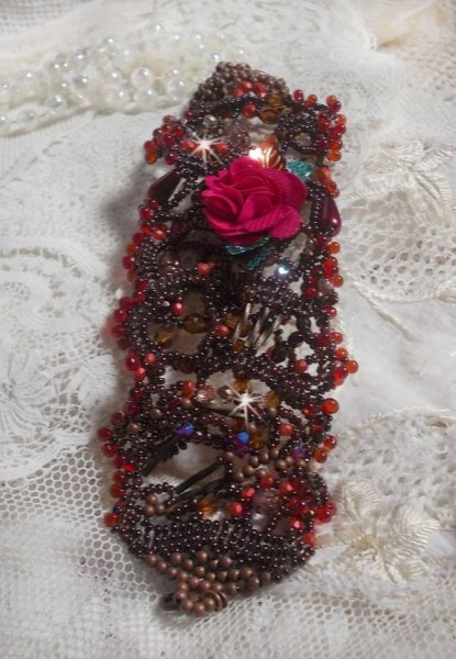 Belle H&eacute;l&egrave;ne cuff bracelet all in seed beads, fabric flower, gemstone beads (yellow/white calcite) and seed beads