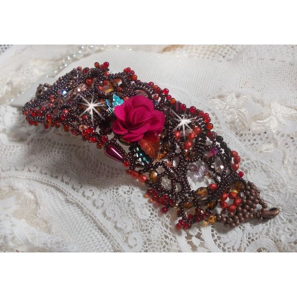 Belle H&eacute;l&egrave;ne cuff bracelet all in seed beads, fabric flower, gemstone beads (yellow/white calcite) and seed beads