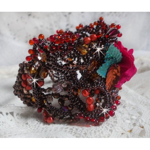 Belle H&eacute;l&egrave;ne cuff bracelet all in seed beads, fabric flower, gemstone beads (yellow/white calcite) and seed beads