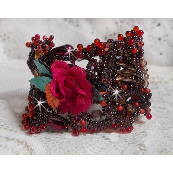 Belle H&eacute;l&egrave;ne cuff bracelet all in seed beads, fabric flower, gemstone beads (yellow/white calcite) and seed beads