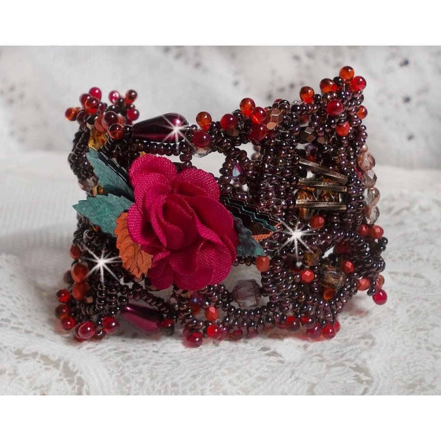 Belle Hélène cuff bracelet all in seed beads, fabric flower, gemstone beads (yellow/white calcite) and seed beads