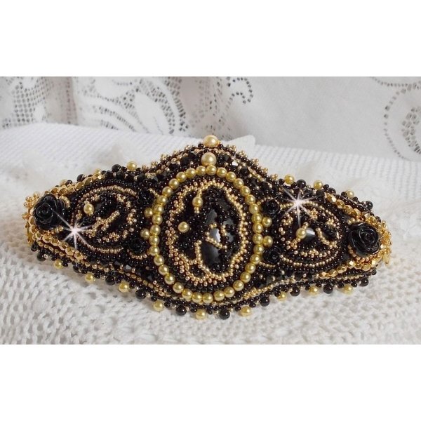 Cleopatra bracelet cuff embroidered with a black onyx, Swarovski crystals and seed beads