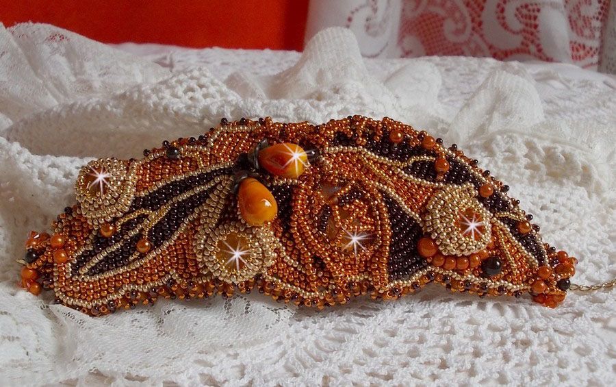 Bracelet Lady in Orange cuff Haute-Couture embroidered with Swarovski crystals and Miyuki seed beads.