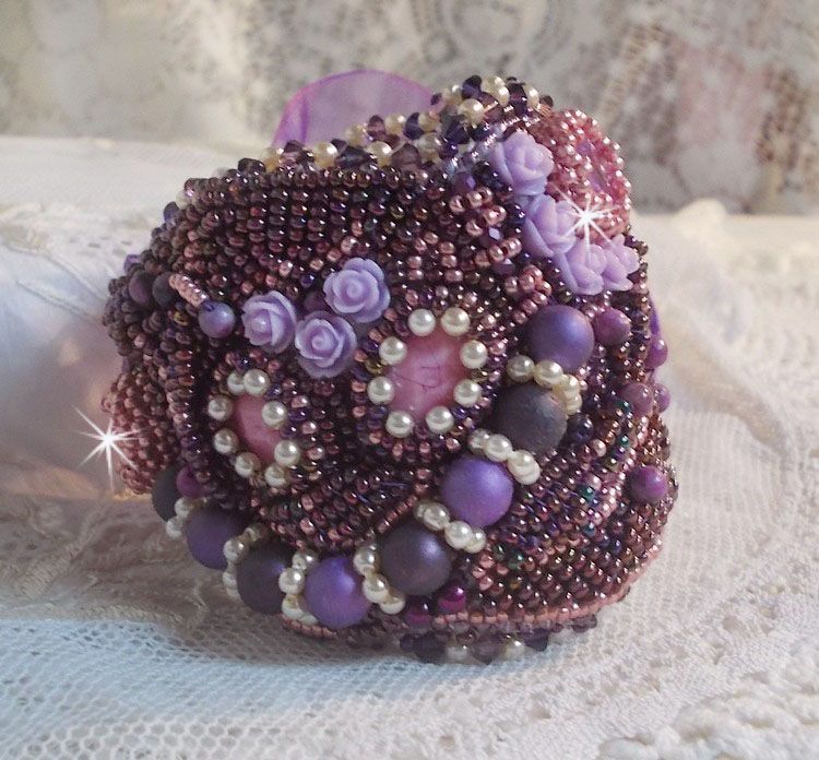 Chinese Purple Stone cuff bracelet embroidered with fine stones: Sugilites, Swarovski crystals, seed beads and a purple Organza ribbon