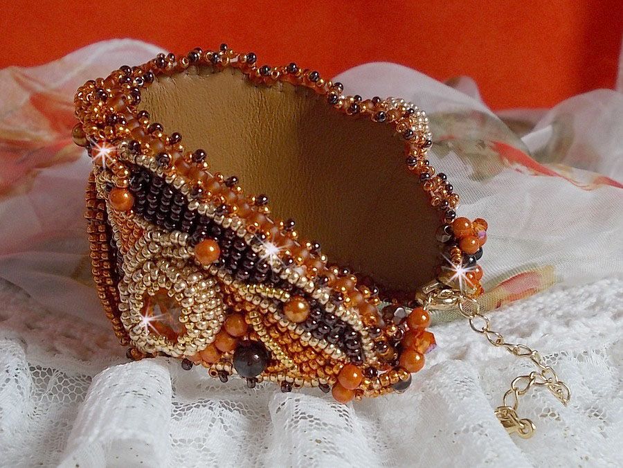 Bracelet Lady in Orange cuff Haute-Couture embroidered with Swarovski crystals and Miyuki seed beads.