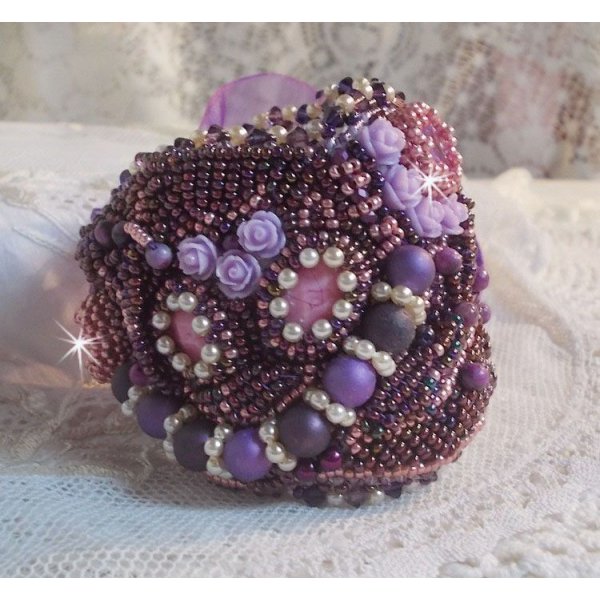 Chinese Purple Stone cuff bracelet embroidered with fine stones: Sugilites, Swarovski crystals, seed beads and a purple Organza ribbon