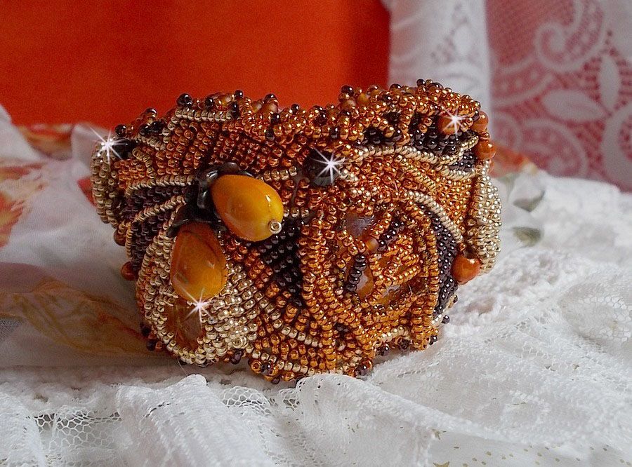 Bracelet Lady in Orange cuff Haute-Couture embroidered with Swarovski crystals and Miyuki seed beads.