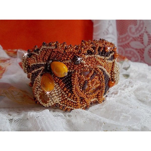 Bracelet Lady in Orange cuff Haute-Couture embroidered with Swarovski crystals and Miyuki seed beads.