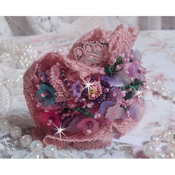 Poetic Garden cuff bracelet embroidered with Old Rose Antique lace, Swarovski crystals, 18 and 24 karat gold plated accessories, Mother of Pearl, pearls and seed beads