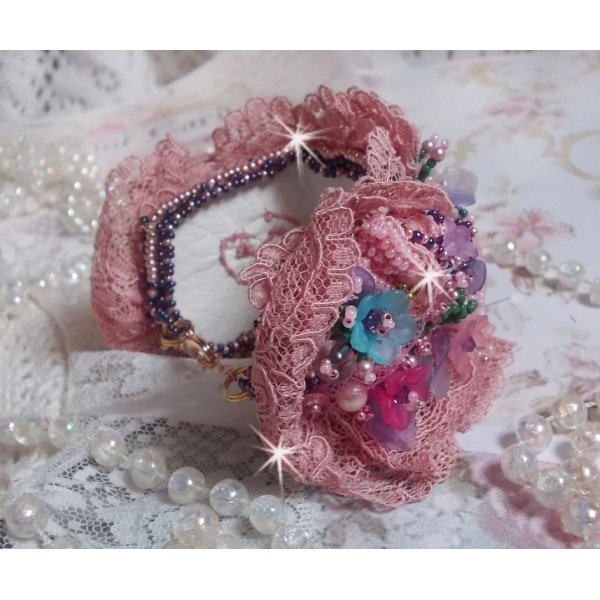 Poetic Garden cuff bracelet embroidered with Old Rose Antique lace, Swarovski crystals, 18 and 24 karat gold plated accessories, Mother of Pearl, pearls and seed beads