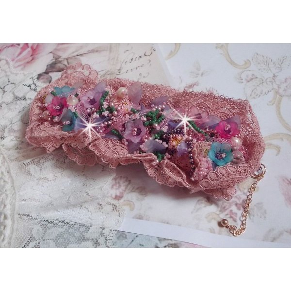 Poetic Garden cuff bracelet embroidered with Old Rose Antique lace, Swarovski crystals, 18 and 24 karat gold plated accessories, Mother of Pearl, pearls and seed beads