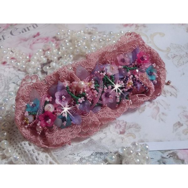 Poetic Garden cuff bracelet embroidered with Old Rose Antique lace, Swarovski crystals, 18 and 24 karat gold plated accessories, Mother of Pearl, pearls and seed beads