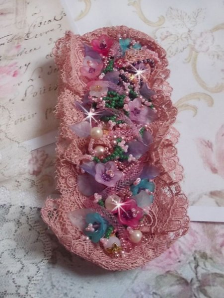 Poetic Garden cuff bracelet embroidered with Old Rose Antique lace, Swarovski crystals, 18 and 24 karat gold plated accessories, Mother of Pearl, pearls and seed beads