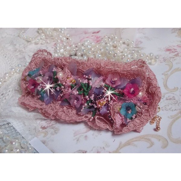 Poetic Garden cuff bracelet embroidered with Old Rose Antique lace, Swarovski crystals, 18 and 24 karat gold plated accessories, Mother of Pearl, pearls and seed beads