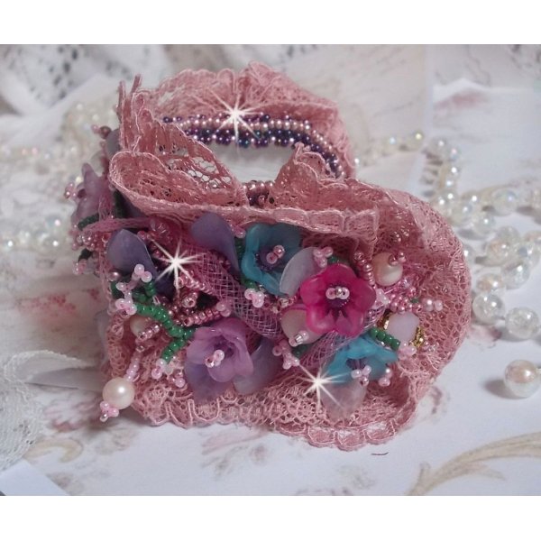 Poetic Garden cuff bracelet embroidered with Old Rose Antique lace, Swarovski crystals, 18 and 24 karat gold plated accessories, Mother of Pearl, pearls and seed beads