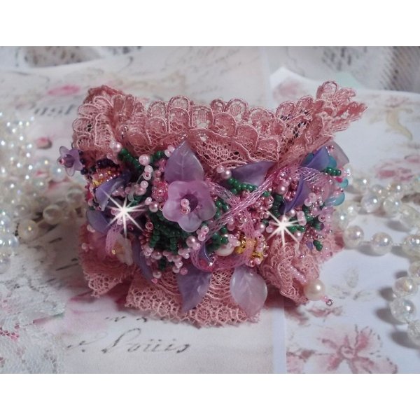 Poetic Garden cuff bracelet embroidered with Old Rose Antique lace, Swarovski crystals, 18 and 24 karat gold plated accessories, Mother of Pearl, pearls and seed beads