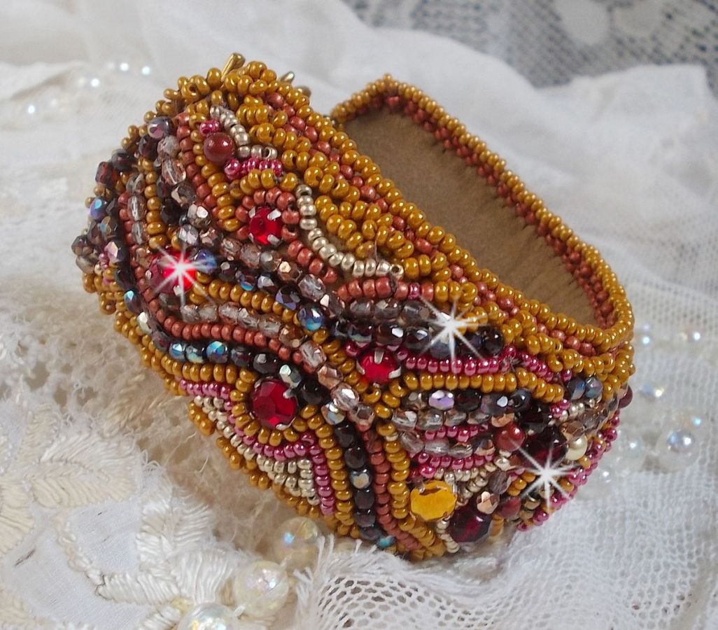 Red Jasper cuff bracelet embroidered with a Red Jasper cabochon, Swarovski crystals and seed beads