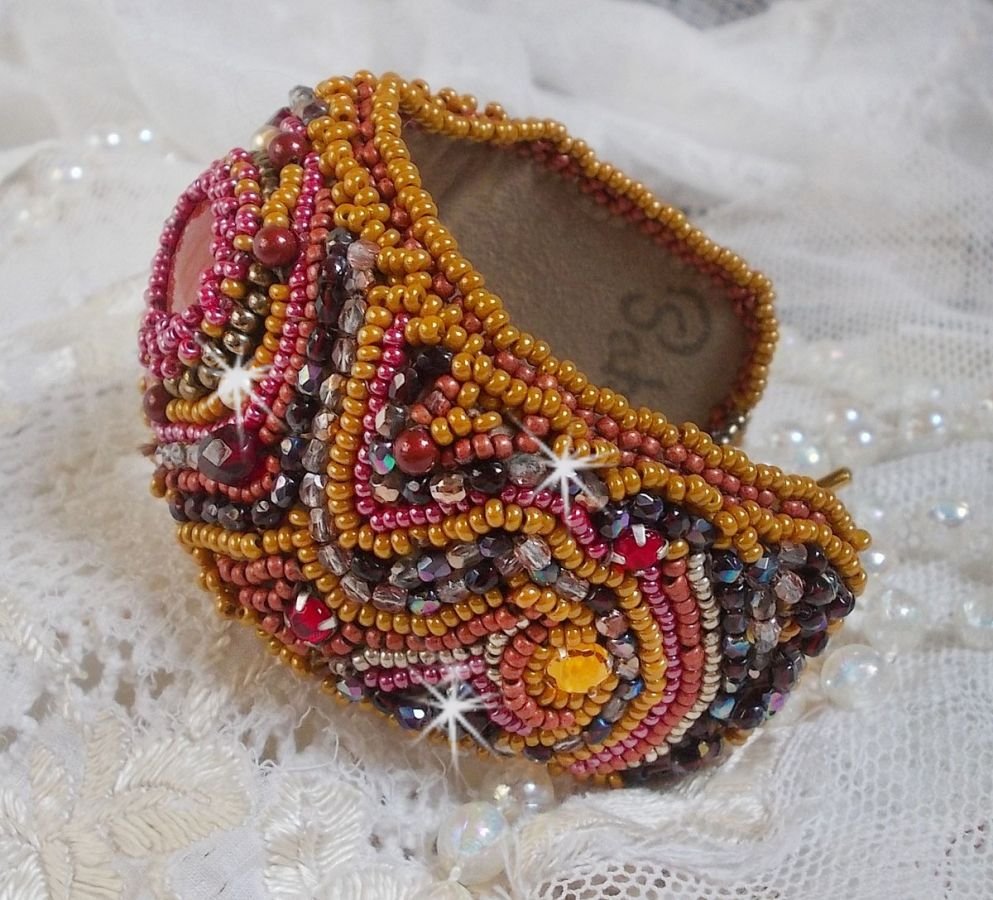 Red Jasper cuff bracelet embroidered with a Red Jasper cabochon, Swarovski crystals and seed beads