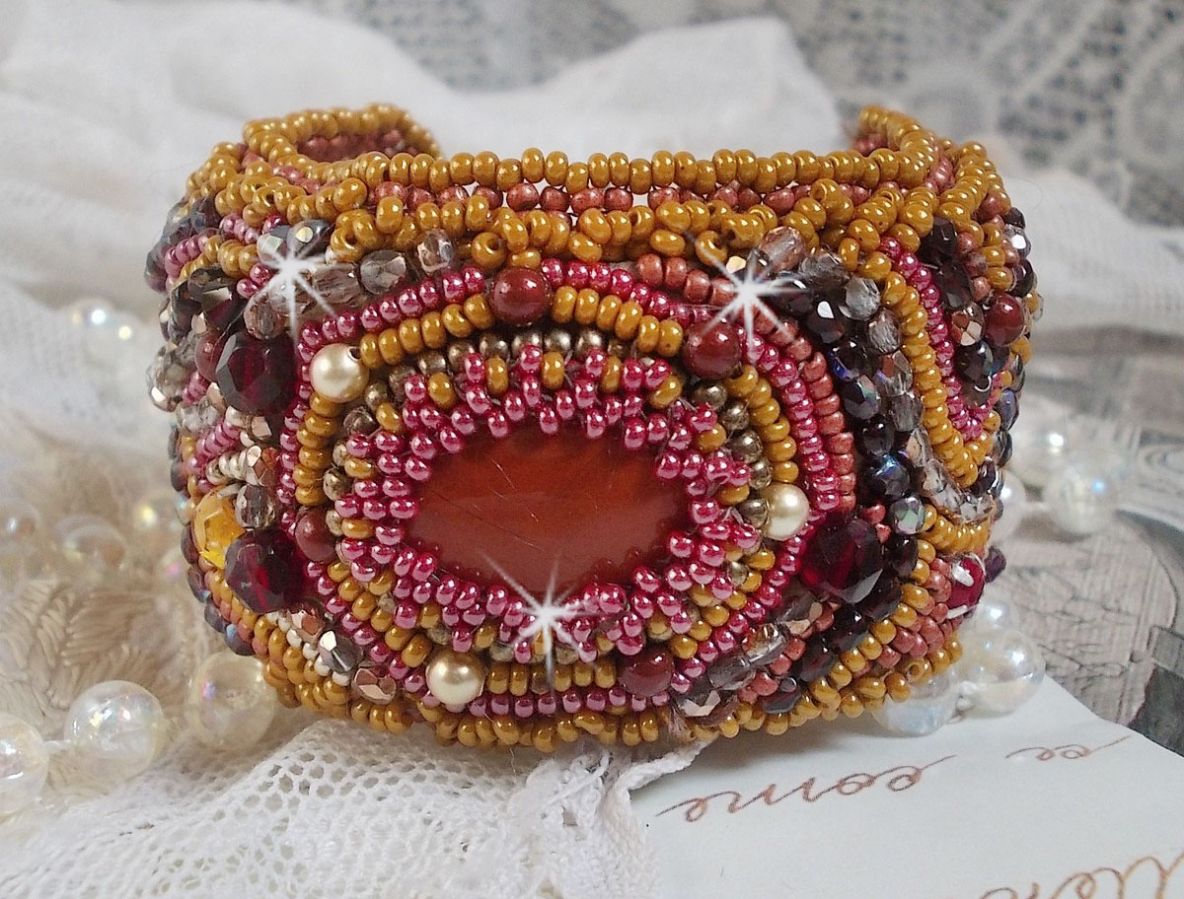 Red Jasper cuff bracelet embroidered with a Red Jasper cabochon, Swarovski crystals and seed beads