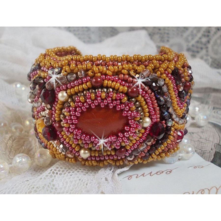 Red Jasper cuff bracelet embroidered with a Red Jasper cabochon, Swarovski crystals and seed beads