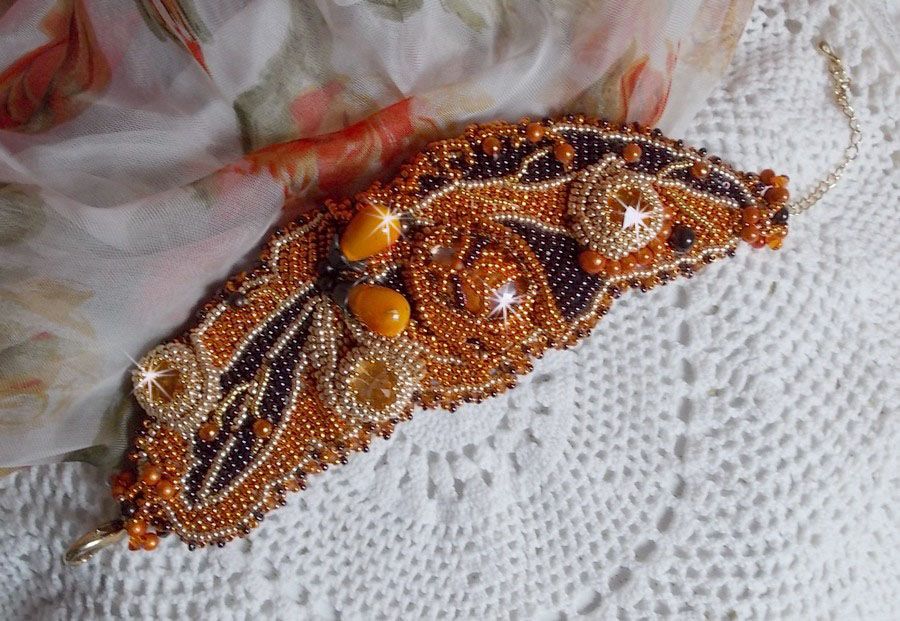 Bracelet Lady in Orange cuff Haute-Couture embroidered with Swarovski crystals and Miyuki seed beads.