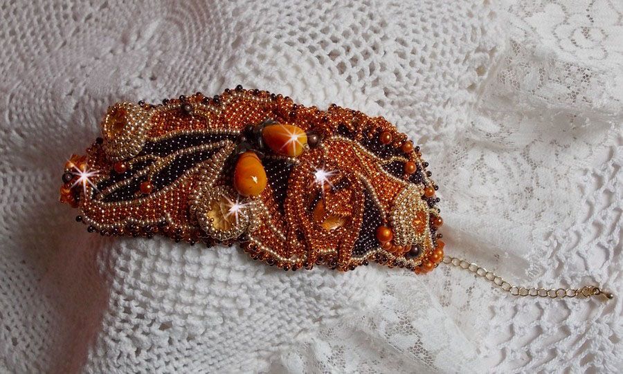 Bracelet Lady in Orange cuff Haute-Couture embroidered with Swarovski crystals and Miyuki seed beads.