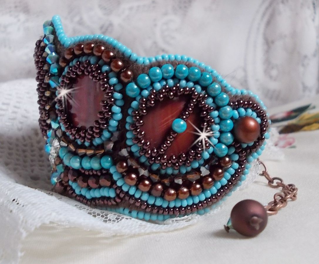 Turquoise Cuff bracelet Haute-Couture embroidered with mahogany mother-of-pearl disc, Swarovski crystals, faceted Bohemian glass and seed beads