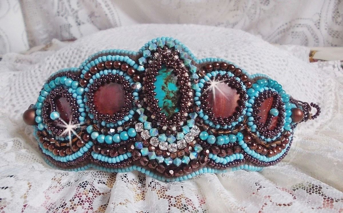 Turquoise Cuff bracelet Haute-Couture embroidered with mahogany mother-of-pearl disc, Swarovski crystals, faceted Bohemian glass and seed beads