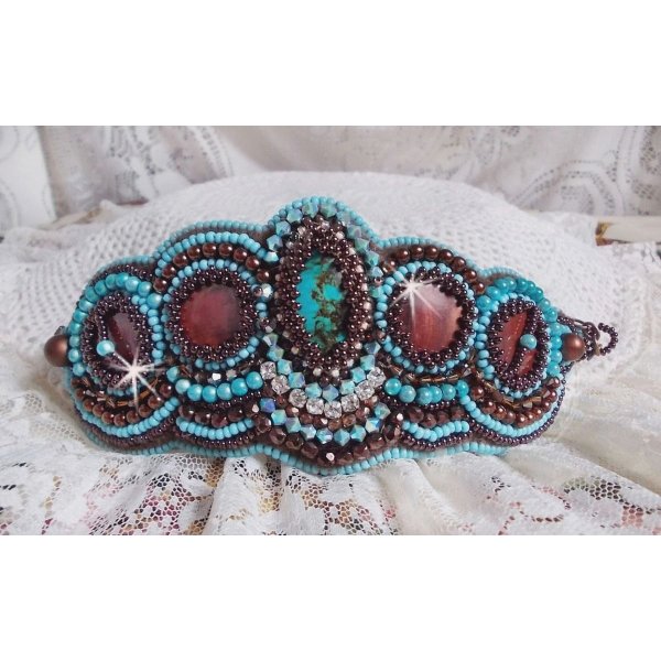 Turquoise Cuff bracelet Haute-Couture embroidered with mahogany mother-of-pearl disc, Swarovski crystals, faceted Bohemian glass and seed beads