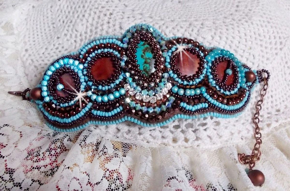 Turquoise Cuff bracelet Haute-Couture embroidered with mahogany mother-of-pearl disc, Swarovski crystals, faceted Bohemian glass and seed beads