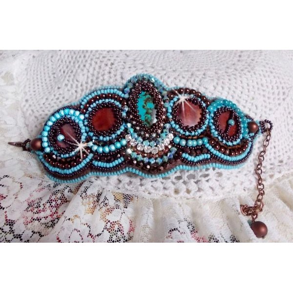 Turquoise Cuff bracelet Haute-Couture embroidered with mahogany mother-of-pearl disc, Swarovski crystals, faceted Bohemian glass and seed beads