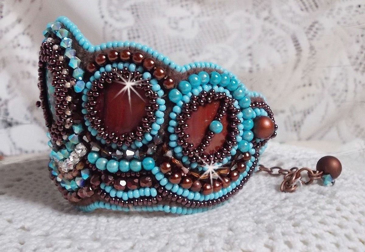 Turquoise Cuff bracelet Haute-Couture embroidered with mahogany mother-of-pearl disc, Swarovski crystals, faceted Bohemian glass and seed beads