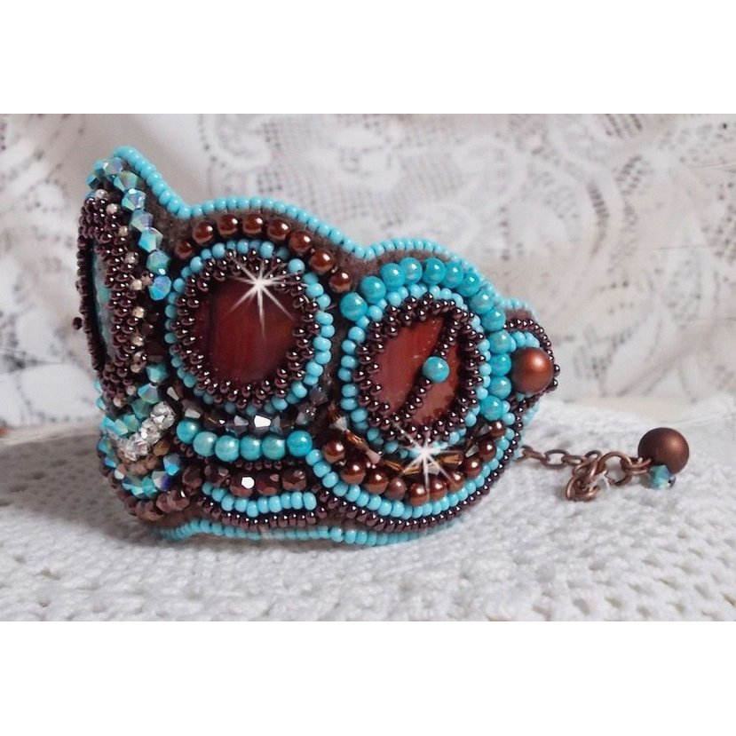 Turquoise Cuff bracelet Haute-Couture embroidered with mahogany mother-of-pearl disc, Swarovski crystals, faceted Bohemian glass and seed beads