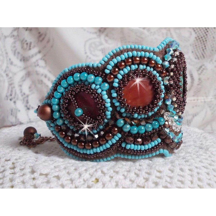 Turquoise Cuff bracelet Haute-Couture embroidered with mahogany mother-of-pearl disc, Swarovski crystals, faceted Bohemian glass and seed beads